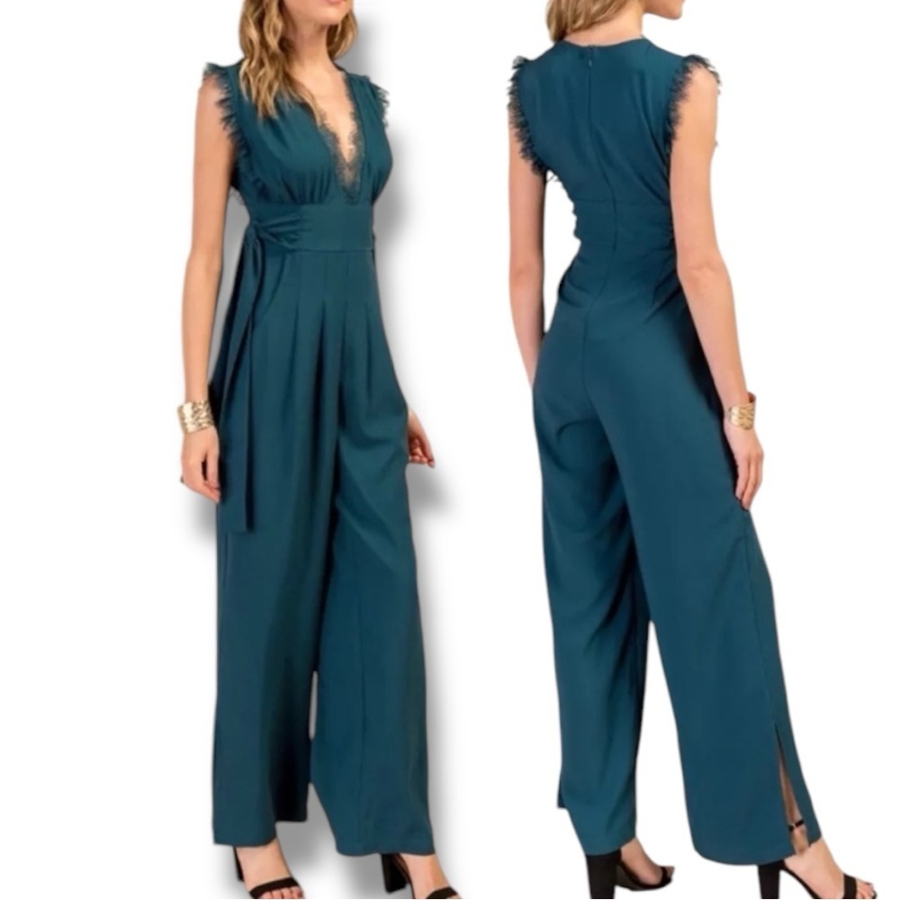 Francesca's Collections Teal Lace-Trim Wide-Leg Jumpsuit